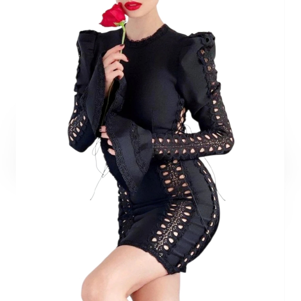 Black Knit 2 Pc Look Puff Lsleeve Dress w Sexy Latice Lace Bodycon Dress